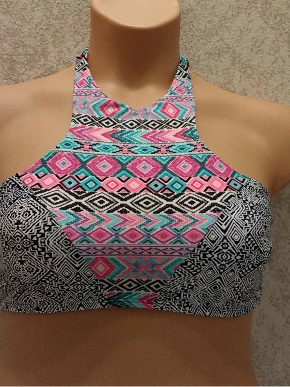 Malibu High-Neck Geometric Bikini Top in Pink & Teal